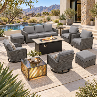 Wicker Patio Outdoor Furniture 10-Piece Set, Rattan Guest Sofa Rocking + Swivel Chair Combination, Weather-Resistant And Durable Leisure Set
