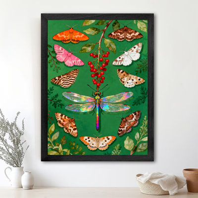 Black Framed Vintage Multiple butterflies and a dragonfly inhabit between plants Wall Art Retro Style Framed Prints
