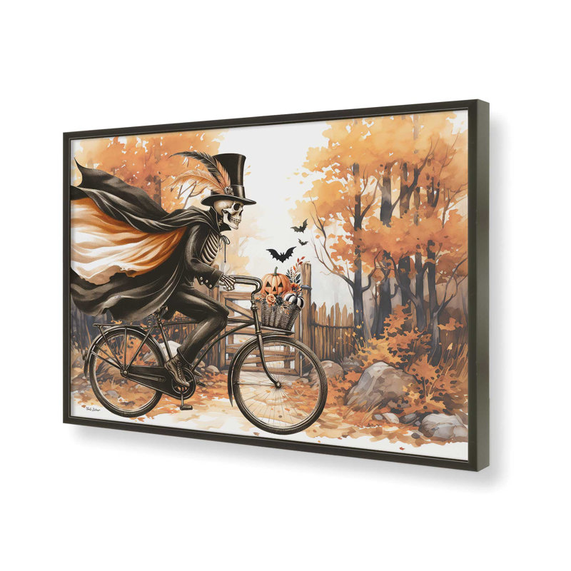 «Halloween Skeleton Bicycle» par Nicole DeCamp, reproduction d'art, L 48 x H 36, Noir, Impression encadrée