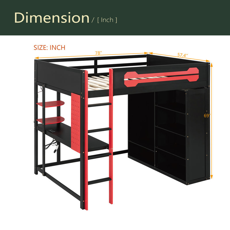 Lit mezzanine en bois pleine grandeur avec bureau, garde-robe ouverte et lumière RVB, Rouge / Noir