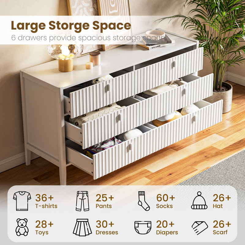 Commode 6 tiroirs, l 55,1 po, Blanc