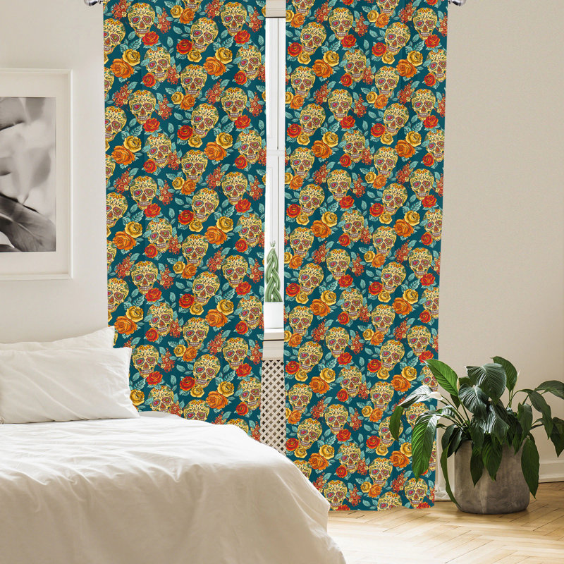 Sugar Skull Semi-Sheer Rod Pocket Curtain Panels, 28" x 84"