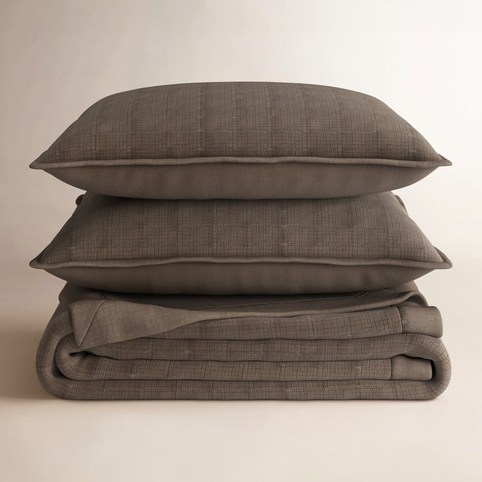 Stonewashed Crinkle Cotton Box Stitch Quilt Set, Mocha Brown, Queen Quilt + 2 Queen Shams