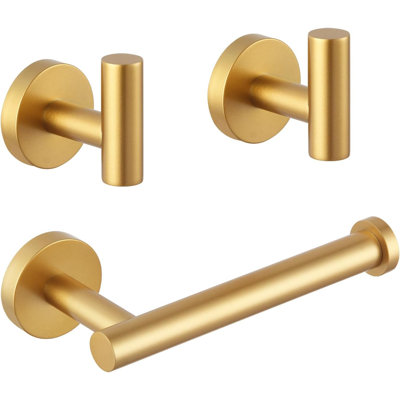 Modern Bathroom Hardware Set With Toilet Paper Holder And 2 Coat Hooks, Stainless Steel Construction, Elegant Gold Finish, Easy Installation
