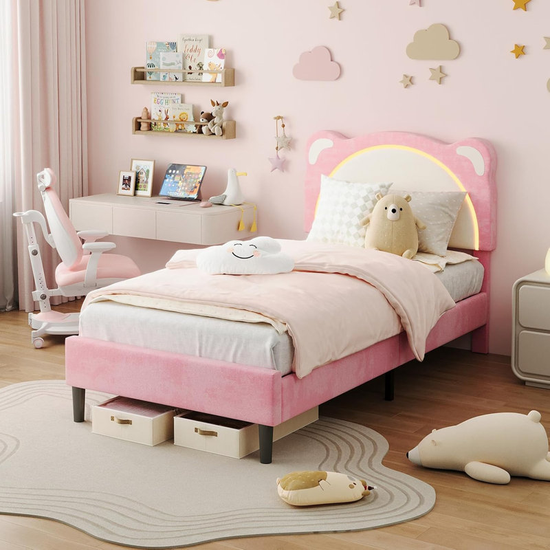 Kids Upholstered Platform Bed Frame With LED Lights Headboard Adjustable Padded Headboard Velvet Fabric Wooden Slats Support No Box Spring Needed Pink Color 