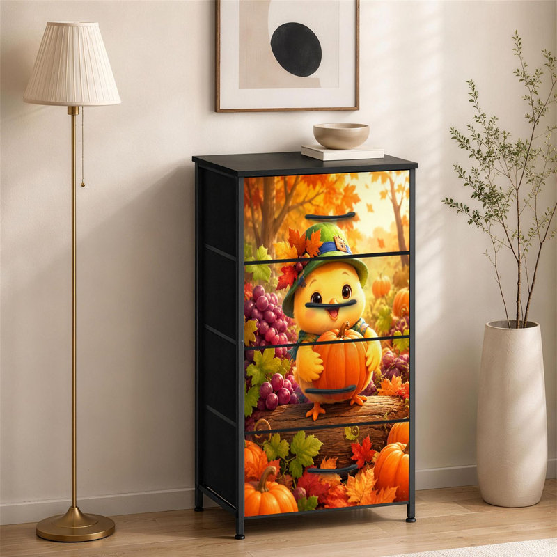 Commode à 4 tiroirs pour chambre à coucher Mignon poussin jaune avec chapeau vert tenant des citrouilles et des feuilles d'automne