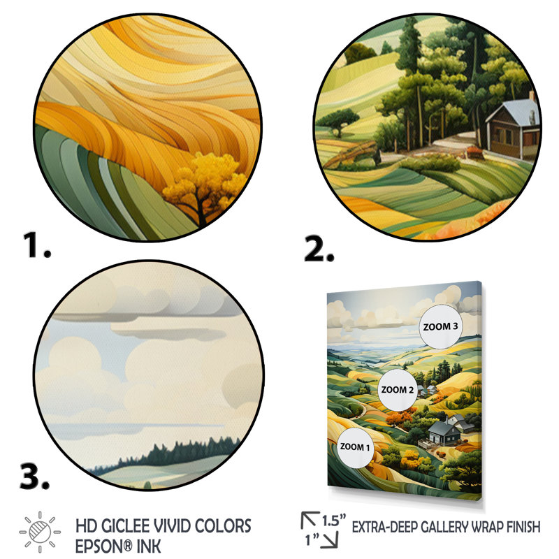 «Callowhill» jaune et vert pastoral «Bold Landscape» - reproduction d'art sur toile, H 44 po x l 34 po x P 1,5 po