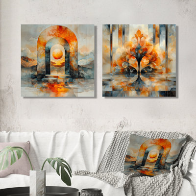Porte orange orange vers un autre univers I - art mural City Art Deco - décoration murale industrielle 2 pièces