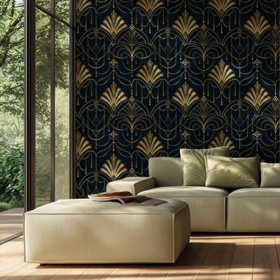 Murale noire et dorée Art déco | Papier peint géométrique Gatsby Glam Fan | Non tissé ou pelez et collez