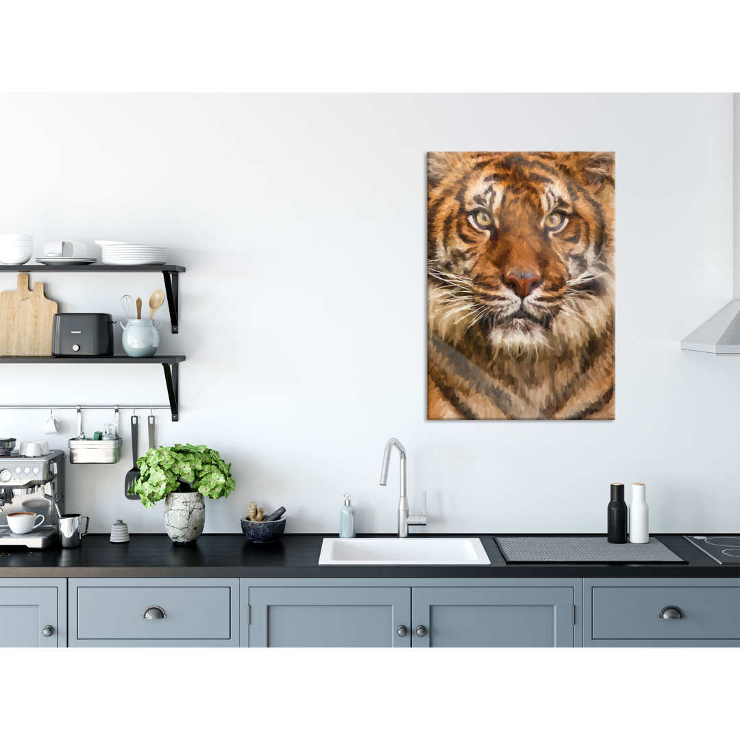 Glasbild Wandbild Auf Echtglas Aufmerksamer Tiger Inkl. Aufhängung Und Abstandshalter LF8339