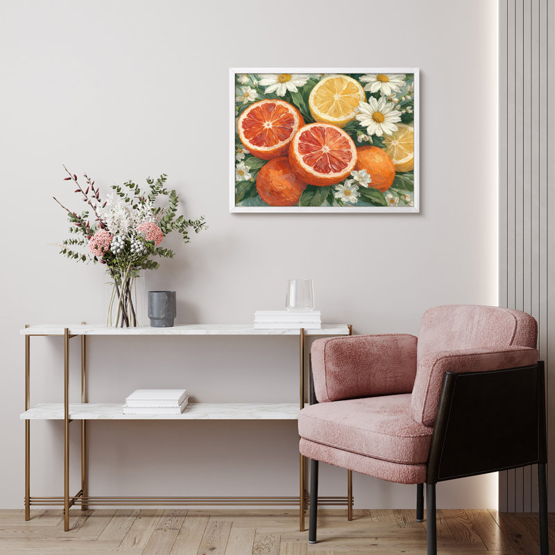 Agrumes, art floral encadré - Citron pamplemousse avec marguerites pour la cuisine, H 11 po x l 14 po, Blanc