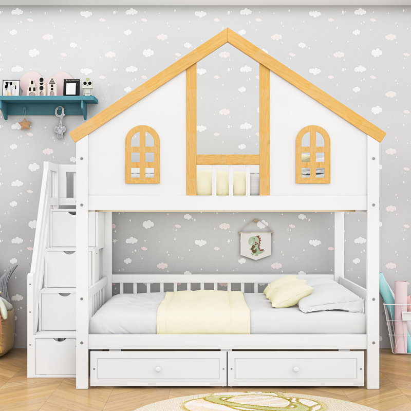 Woode Bunk Bed With House Roof Design, Storage Staircase And Drawers, Full Over Full