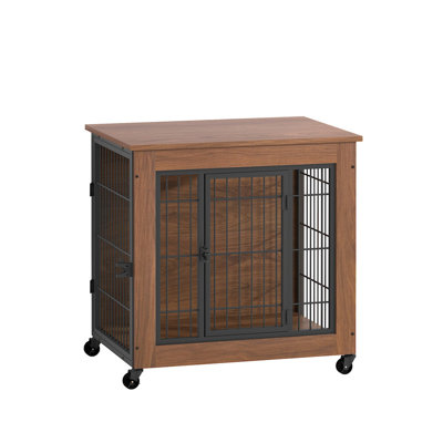 Wooden Dog Crate Furniture with MDF+Steel Frame, Double Doors Indoor Dog Kennel End Table, Heavy Duty Pet Cage with Wheels for Small Anxiety Dogs