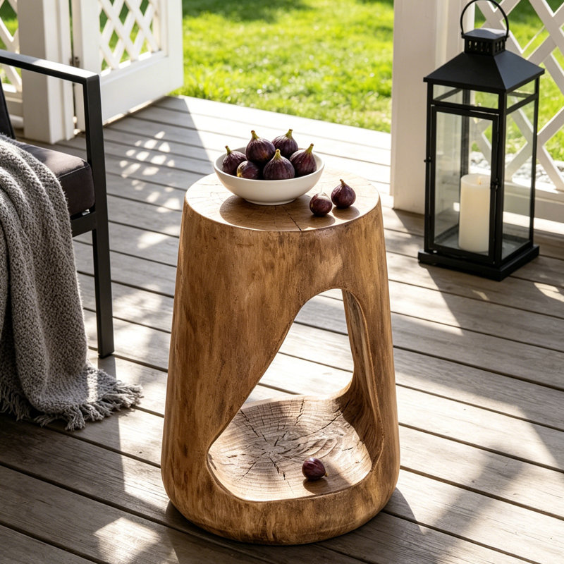 Table de bout rustique en souche d'arbre, table d'appoint en faux bois magnésium 14,5 po avec base ajourée, finition grain de bois naturel pour le salon et le patio