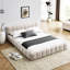 Lit tapissier beige grand avec matériau chenille et structure stable, sans sommier pour la structure de la chambre à coucher, fabrication en tissu confortable, nécessaire-2045681397