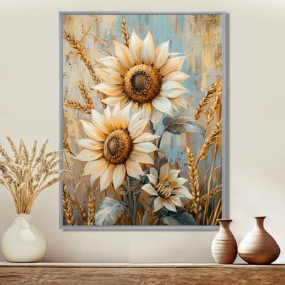 «Domonike Sunflowers In The Wheat Barnyard I» - Art mural tournesols