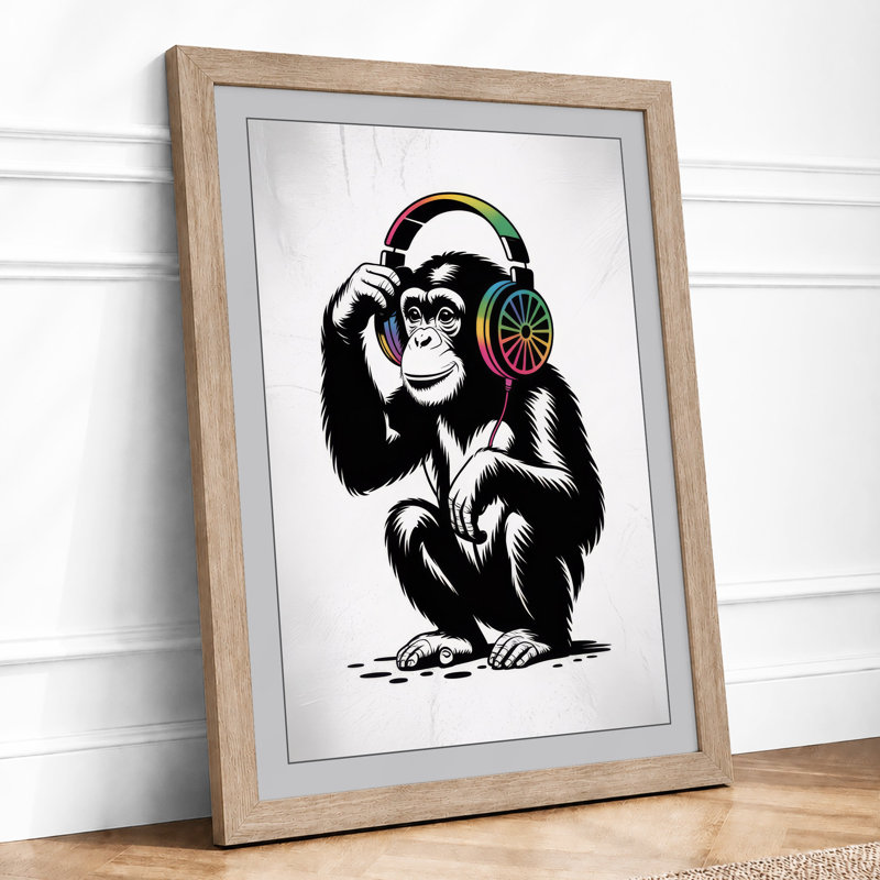 Chimp in Headphones Modern - Framed Print, A1 - 84.1 x 59.4 cm, Oak
