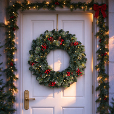 24 Inch Pre-Lit Artificial Christmas Wreath, 50 LED Warm White Lights, 146 Branch Tips with Red Berries & Pine Cones, Front Door Holiday Wreath for Indoor & Covered Outdoor Decor