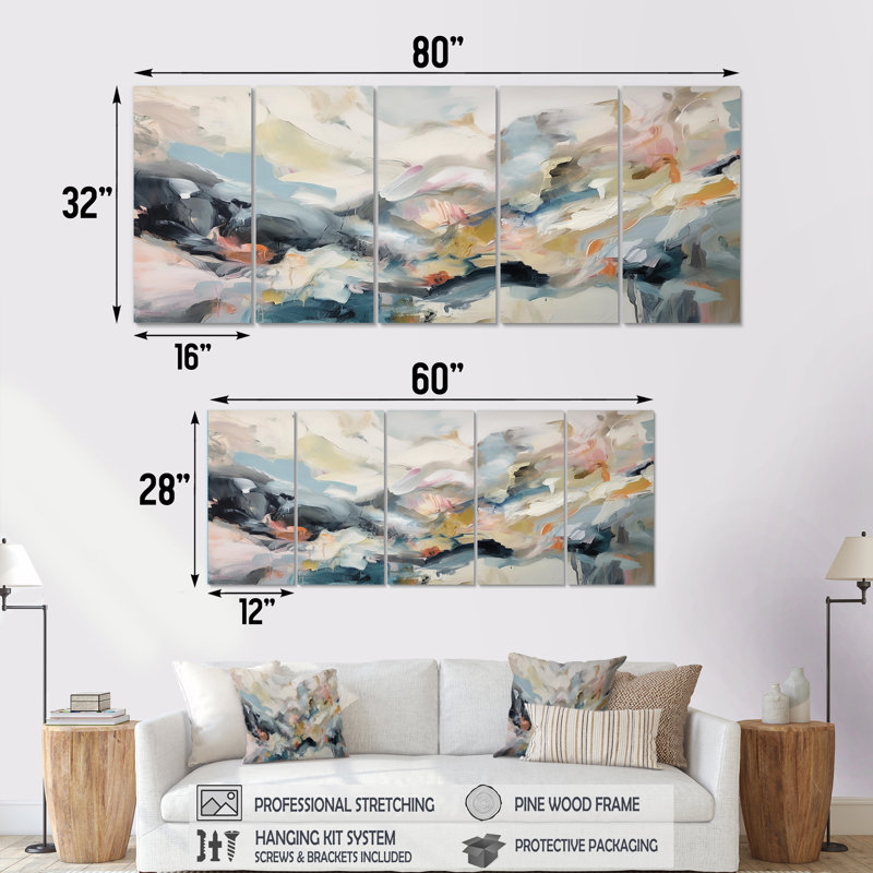 «Grey and Blue Vivid Waves Fuild I» - peinture abstraite, art mural 5 pièces, H 28 po x l 60 po