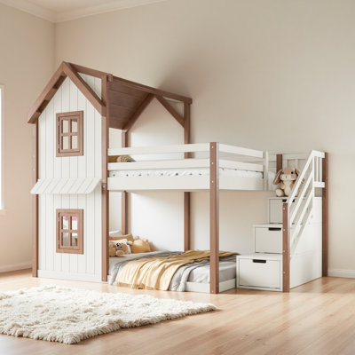 Lit superposé House avec escalier de rangement, lit superposé avec toit pour enfants et fenêtres, cadre de lit en bois massif avec espace inférieur multifonctionnel
