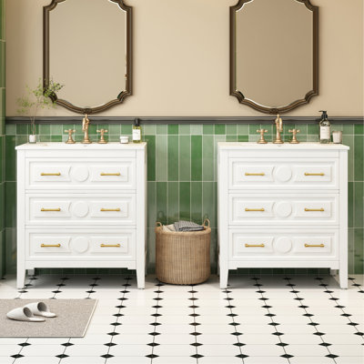 Ensemble de meuble-lavabo 60 po avec lavabo en céramique (séparé), ensemble de meuble-lavabo sur pied simple avec 3 tiroirs, armoire de rangement en bois massif, blanc