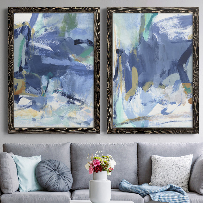 Blue Room I - ensemble de 2 reproductions de cadres photo, Toile avec cadre noir, H 37,5 po x l 55 po x P 1,5 po