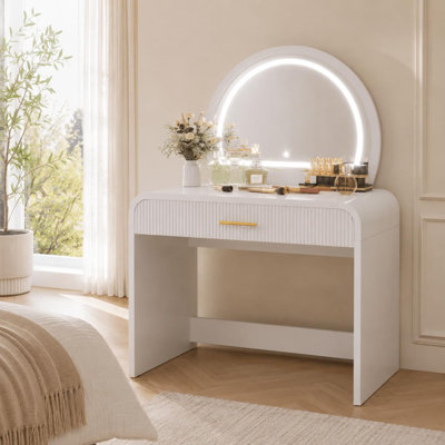Table de coiffeuse de 39 po avec miroir à écran tactile éclairé, coiffeuse 2 en 1 avec miroir amovible et tiroir, bureau de coiffeuse moderne pour la chambre à coucher, bureau à domicile