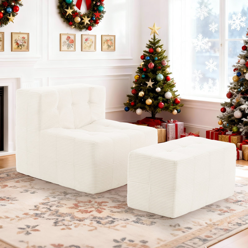 Single Sofa, Armless Floor Sofa with Ottoman, Foam Sofa With Pillow For Living Room and Bedroom, No Assembly Required, Beige