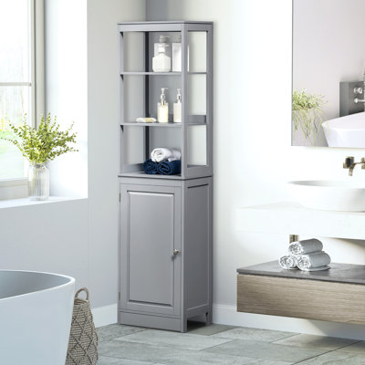 Grande armoire de rangement pour salle de bain, tour à linge autoportante avec tablette ouverte à 3 niveaux et porte, organisateur de plancher mince, grande armoire de salle de bain, armoire grise