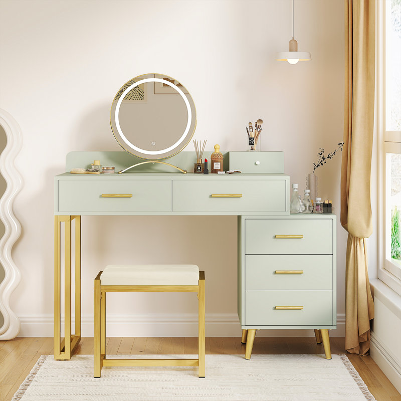 Bureau de coiffeuse avec tabouret et miroir DEL Grosmark, Vert clair / doré
