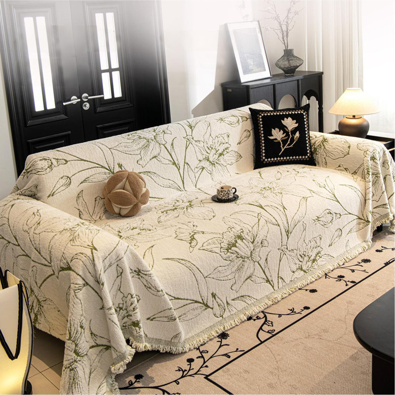 Housse de canapé Flower Boho, Chenille verte, H 71 po x l 118 po