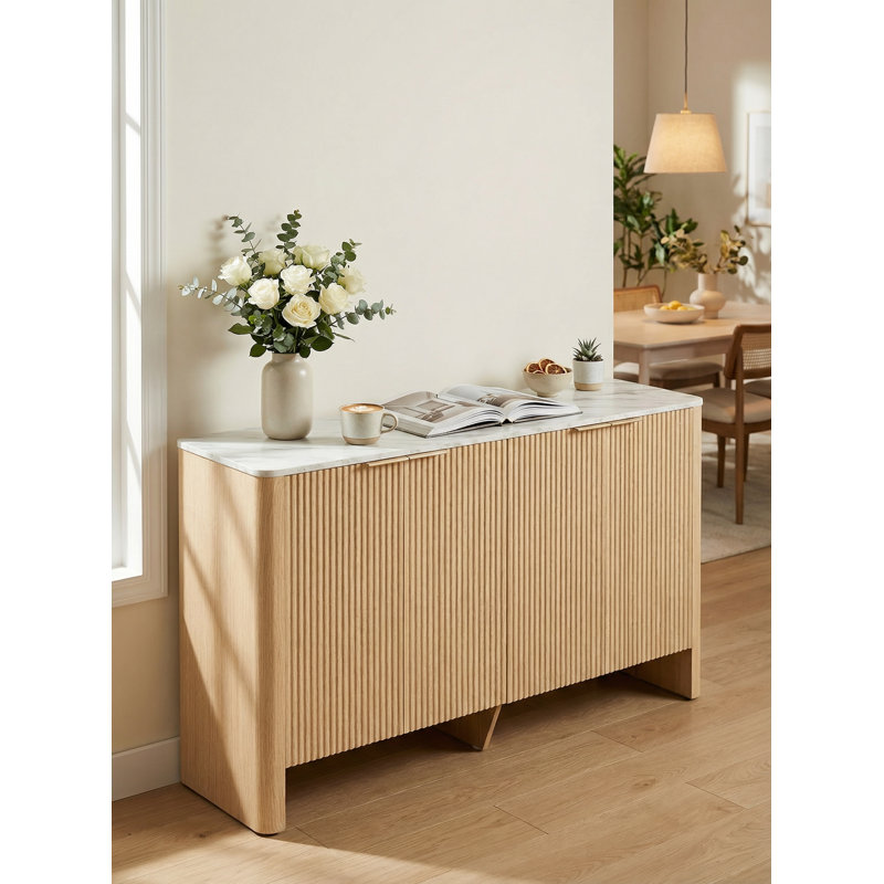  61" Modern Curved Sideboard Buffet Cabinet With 4 Fluted Doors, Adjustable Shelves & Elevated Base, Oak/White