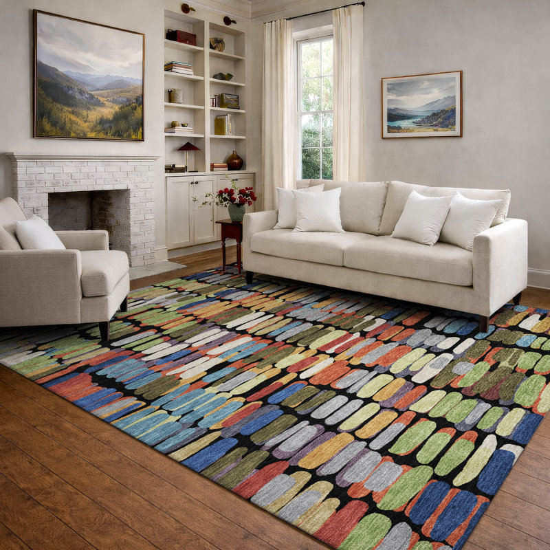 Tapis abstrait lavable à la machine de qualité supérieure Mayfield AMF2349, Noir, 8 pi x 10 pi