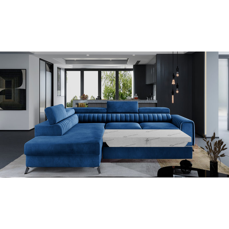 Aimantas 3 Seater Velvet Sofa Bed, Left Hand Facing, Dark Blue Velvet