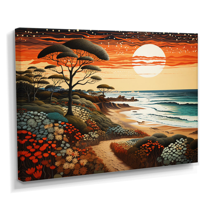 «Majestic Sunset Colorful Beach Path Quiet Waves», art mural plage, Toile tendue, H 30 po x l 40 po
