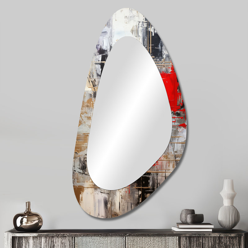 Menifee Red Gold Abstract Minimalism - Geometric Unique Shape Decorative Wall Mirror, Red Asymmetrical Large Mirror, Printed Metal Art