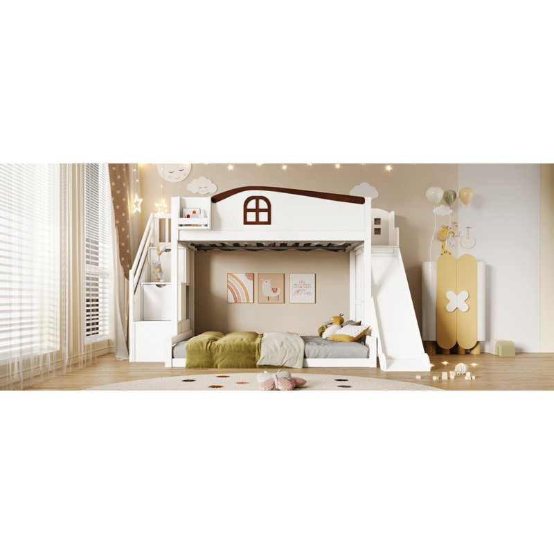 Lit simple superposé au dessus d'un lit double avec escalier de rangement, tablette, glissade et garde-robe, blanc et espresso