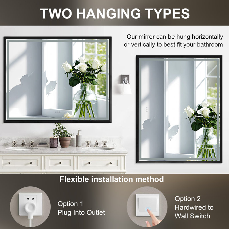 Miroir de salle de bain à cadre mural en aluminium noir mat, 48 po x 60 po