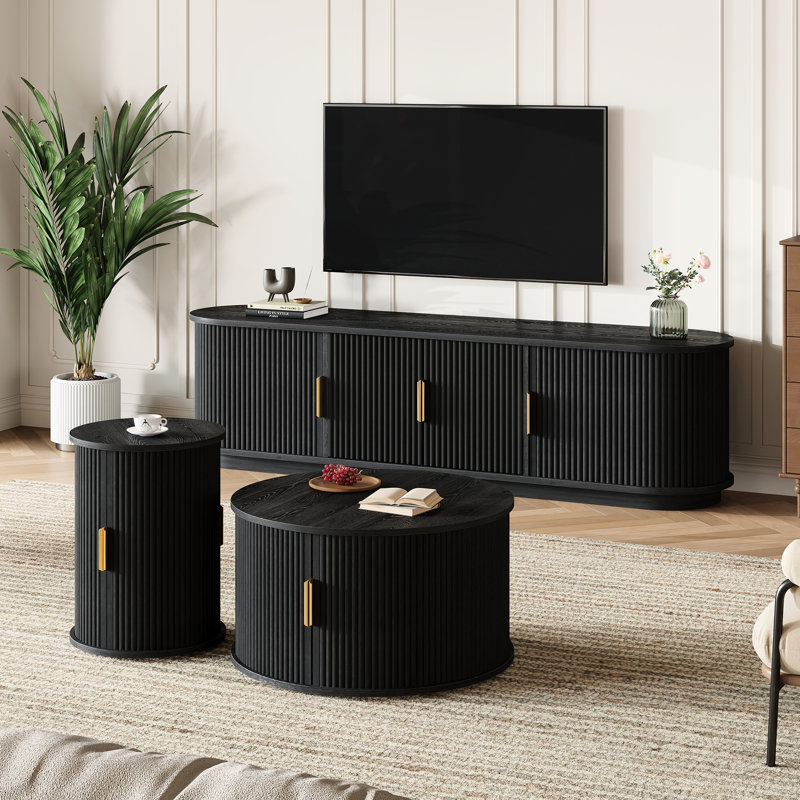Meuble télé et table basse en bois noir, portes coulissantes cannelées à poignées dorées, espace de rangement généreux pour la conception de portes de salon, ajout de combinaisons luxueuses et polyvalentes à différents environnements