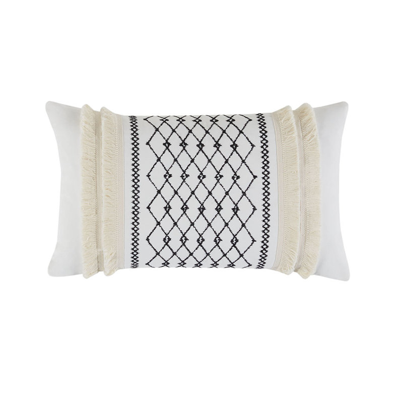 Ivory Geometric Embroidered Cotton Oblong Pillow with Tassels