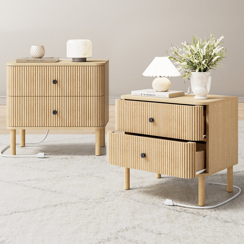 24" Nightstands with Rounded Corners & Solid Wood Legs, Charging Station, 2 Drawers End Table with Storage, Mid Century Modern Fluted Bedside Table for Bedroom