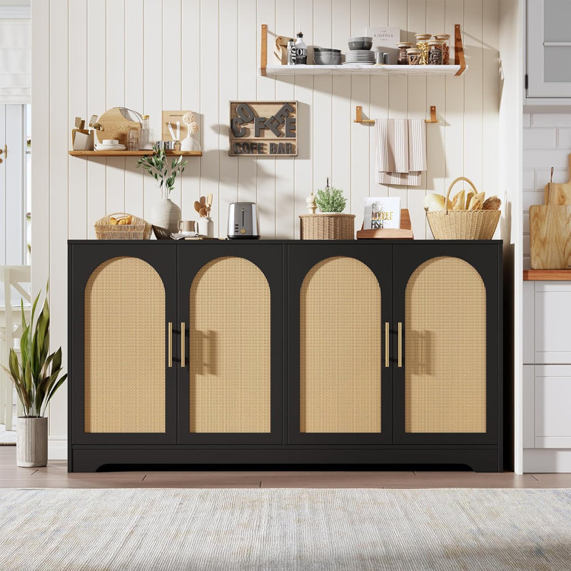 59” Sideboard Buffet Cabinet - Large Credenza Storage with 4 Rattan Doors, Modern Console Table Accent Coffee Bar Cabinet for Living Room, Kitchen, Hallway, Dining Room, Entryway, Black