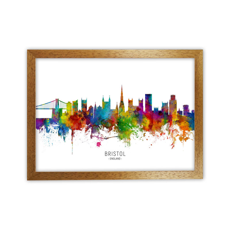 Bristol England Skyline by Michael Tompsett - Print, 34cm H x 46cm W x 3cm D, Brown Framed