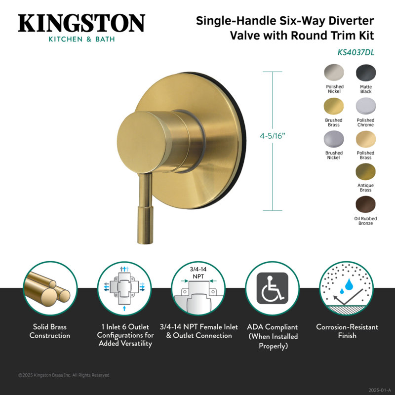 Valve de dérivation à six poignées à poignée simple Kingston Brass Concord avec ensemble de garniture, Laiton poli