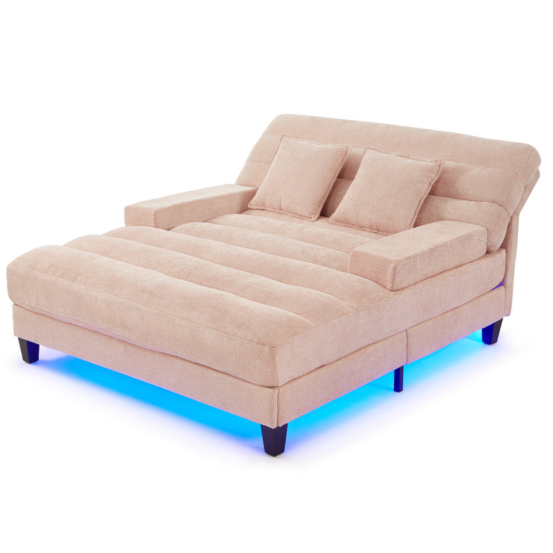 Modern Chaise Lounge Sofa 57.1" Sofa Bed Chenille Upholstered Lounge Sofa Chair With Adjustable Backrest And LED Light Strip For Living Room, Pink