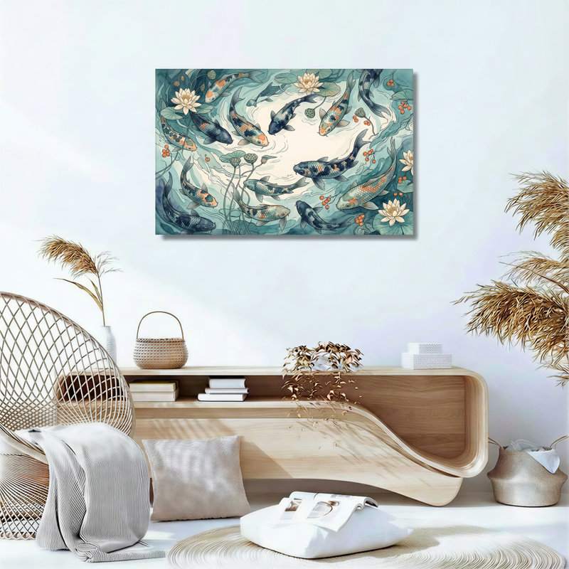 «Blue and Orange Koi Fish and Lotus Flowers», art mural sur toile, H 16 po x l 24 po