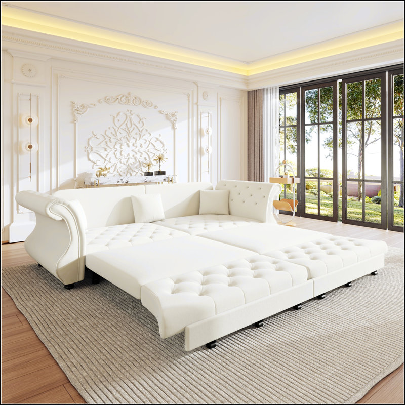 Canapé convertible surdimensionné de 97,6 pouces Chesterfield, Blanc beige