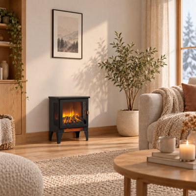 Poêle-cheminée électrique sur pied avec effet flamme 3D, chauffage d'appoint portatif pour intérieur avec vitre sur 3 côtés, 2 niveaux de chauffage et protection contre la surchauffe