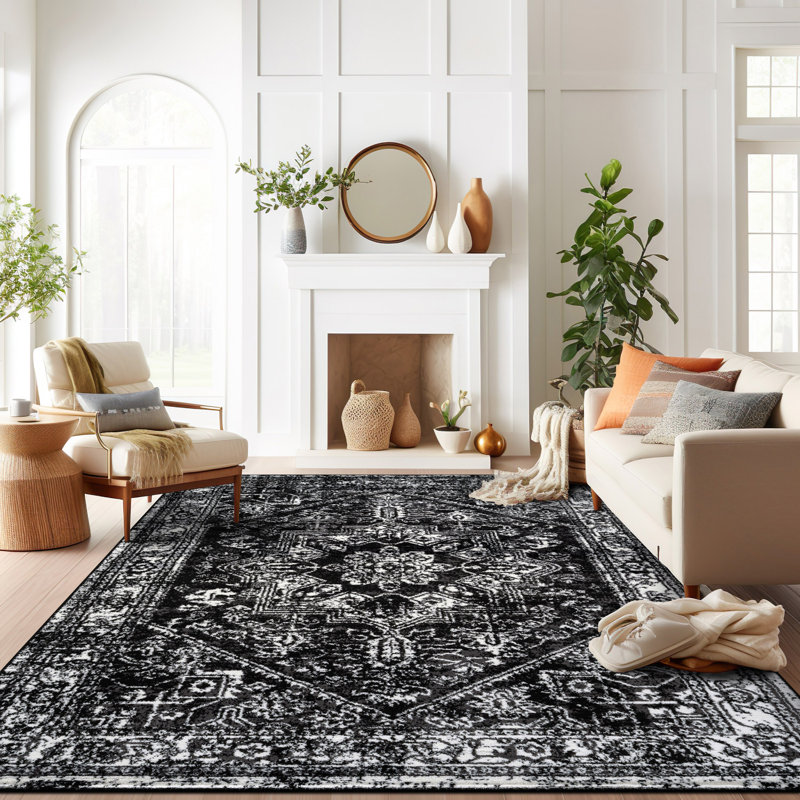 Tapis noir ivoire rétro à médaillon, Rectangle 7 pi 10 po x 10 pi