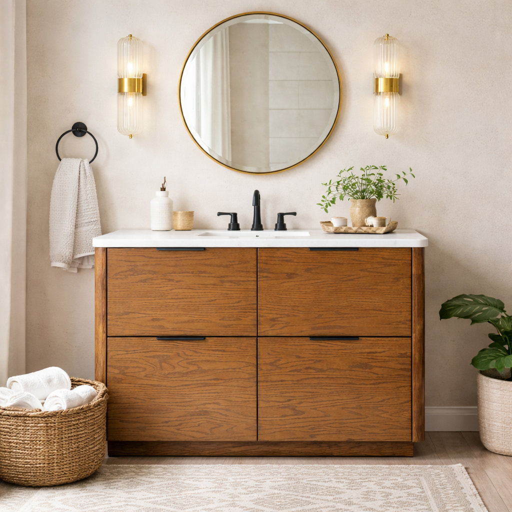 Tahani 48" Genuine Marble Single Bathroom Vanity, Medium Oak